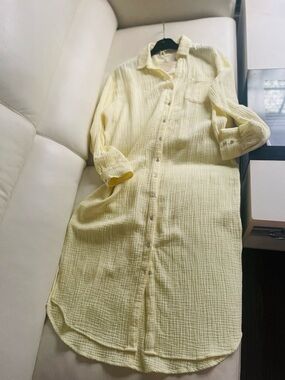 Magaschoni Organic Cotton Gauze Shirt Dress Long Lemon Yellow Size L NWT $179